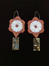 Load image into Gallery viewer, Beaded Turtle Dentalium Shell Earrings w/ Abalone Drop– Red &amp; Gold