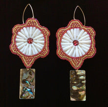 Load image into Gallery viewer, Beaded Turtle Dentalium Shell Earrings w/ Abalone Drop– Red &amp; Gold