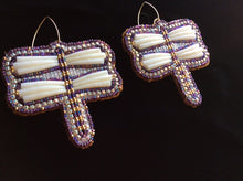 Load image into Gallery viewer, Dragonfly Dentalium Shell Earrings (Purple &amp; Gold Dragonfly)