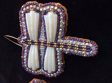 Load image into Gallery viewer, Dragonfly Dentalium Shell Earrings (Purple &amp; Gold Dragonfly)