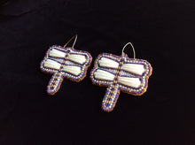 Load image into Gallery viewer, Dragonfly Dentalium Shell Earrings (Purple &amp; Gold Dragonfly)