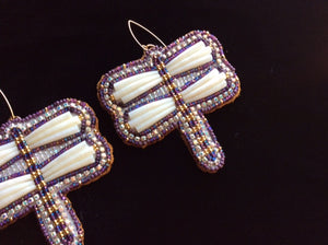 Dragonfly Dentalium Shell Earrings (Purple & Gold Dragonfly)