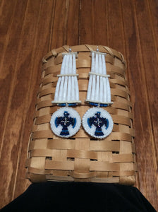 Dentalium Earrings – 2-Tier Dentalium Blue Thunderbird Earrings – Ozhaawashkozi Animikii Es-Naabishebizonan