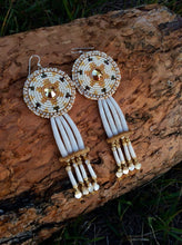 Load image into Gallery viewer, Gold Turtle – Ozaawaa-zhooniyaawaanzo Mikinaak Dentalium Earrings