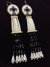 Load image into Gallery viewer, Dentalium Shell Earrings (Makade Animikii Es-Naabishebizonan – Black Thunderbird Shell Earrings)