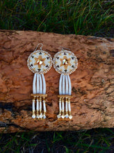 Load image into Gallery viewer, Gold Turtle – Ozaawaa-zhooniyaawaanzo Mikinaak Dentalium Earrings