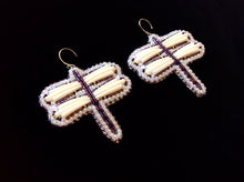 Load image into Gallery viewer, Purple and Gold Dentalium Shell Dragonfly Earrings