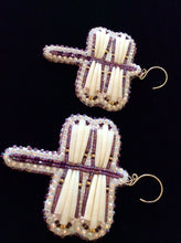 Load image into Gallery viewer, Purple and Gold Dentalium Shell Dragonfly Earrings