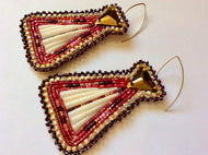 Dentalium Shell Earrings, Tipi Style, Shades of Red with Gold