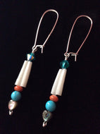 Dentalium Shell, Turquoise, Spiny Oyster Shell, and Abalone Heart Earrings