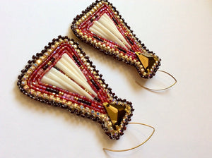 Dentalium Shell Earrings, Tipi Style, Shades of Red with Gold