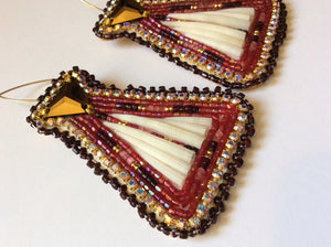 Dentalium Shell Earrings, Tipi Style, Shades of Red with Gold