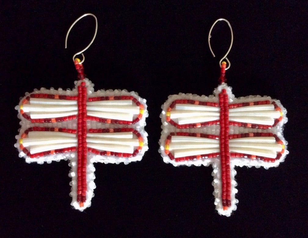 Red Dragonfly Dentalium Shell Earrings