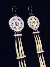 Load image into Gallery viewer, Sacred White Turtle Dentalium Shell Earrings with Blue Background