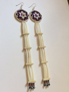 Sacred White Turtle Dentalium Earrings With Purple Background